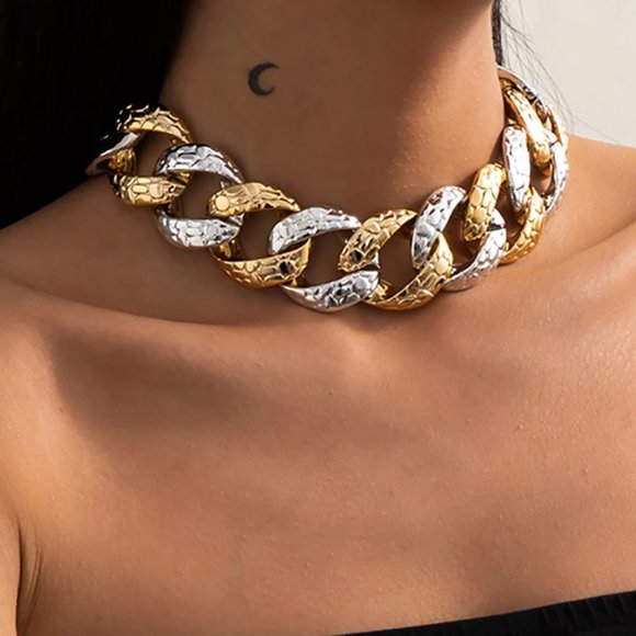 Big Flat Link Chain Metallic Gold Reptile Leopard Flexible Necklace Silver - Picture 7 of 15